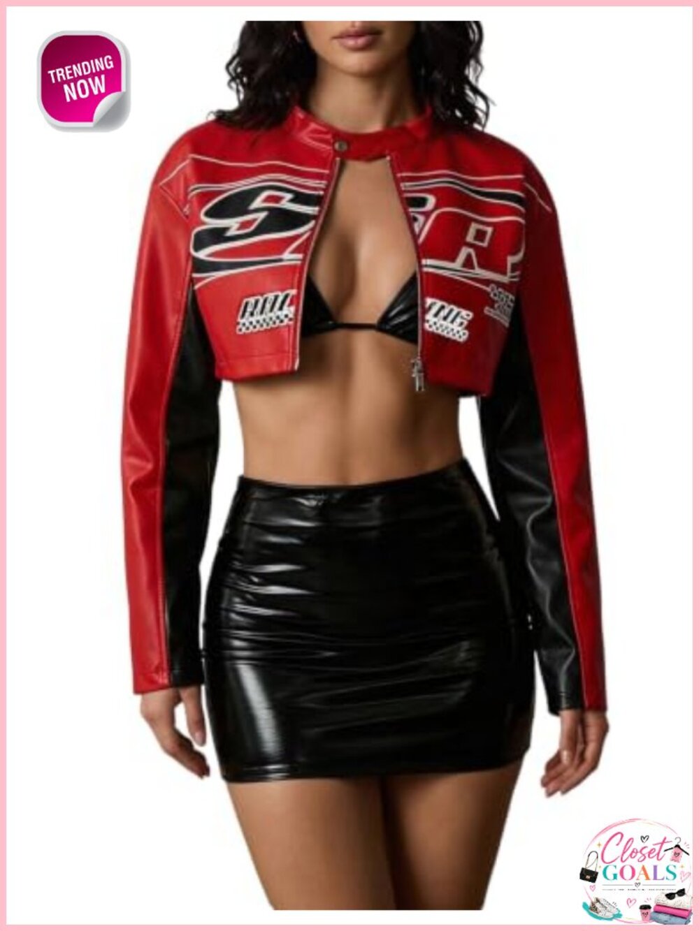 Faux Leather Cropped Moto Jacket Letter Print Zip Up Casual